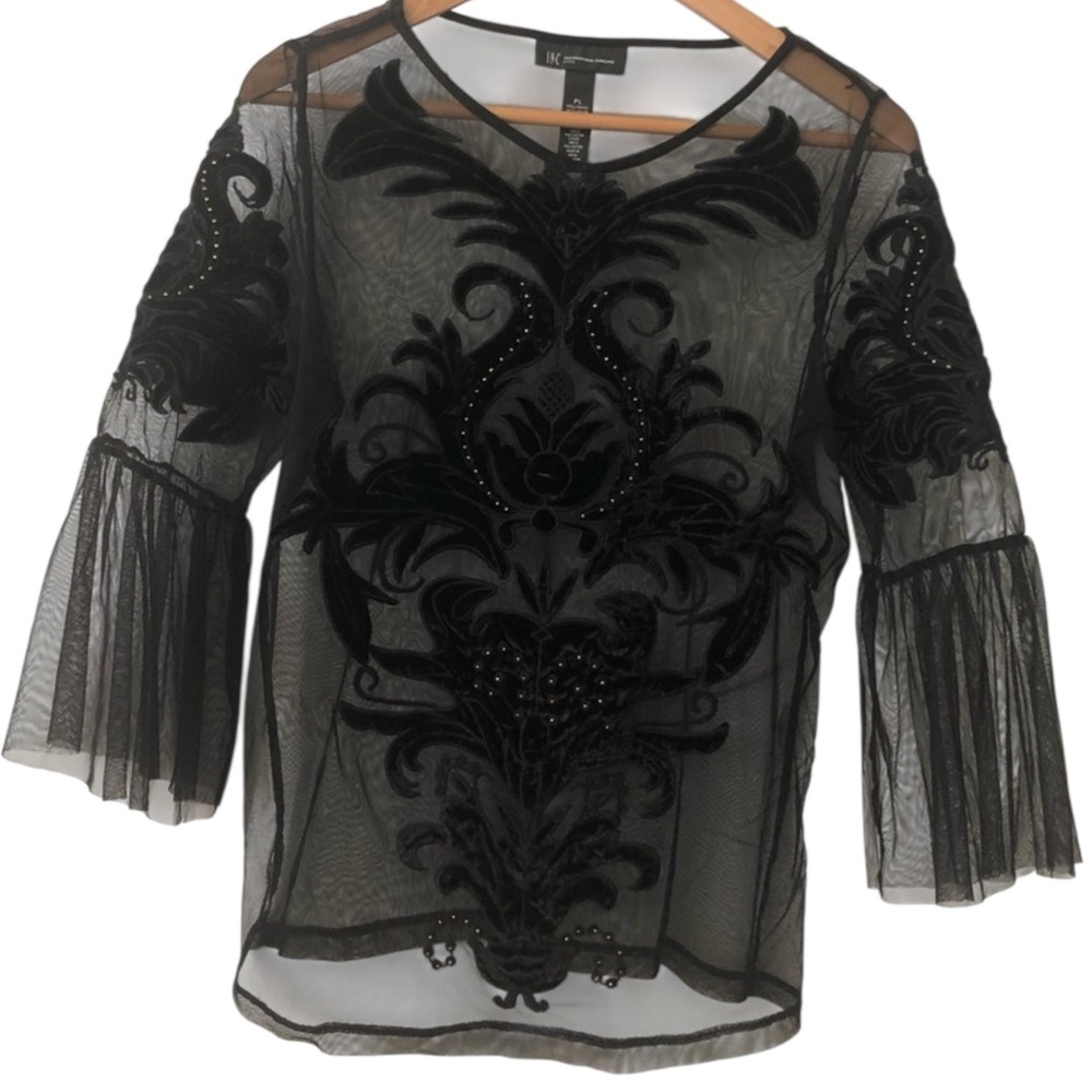 INC Black Mesh Velvet Appliqué See Through Top Blouse. Petite,Vintage,Y2K, Goth - Picture 5 of 15